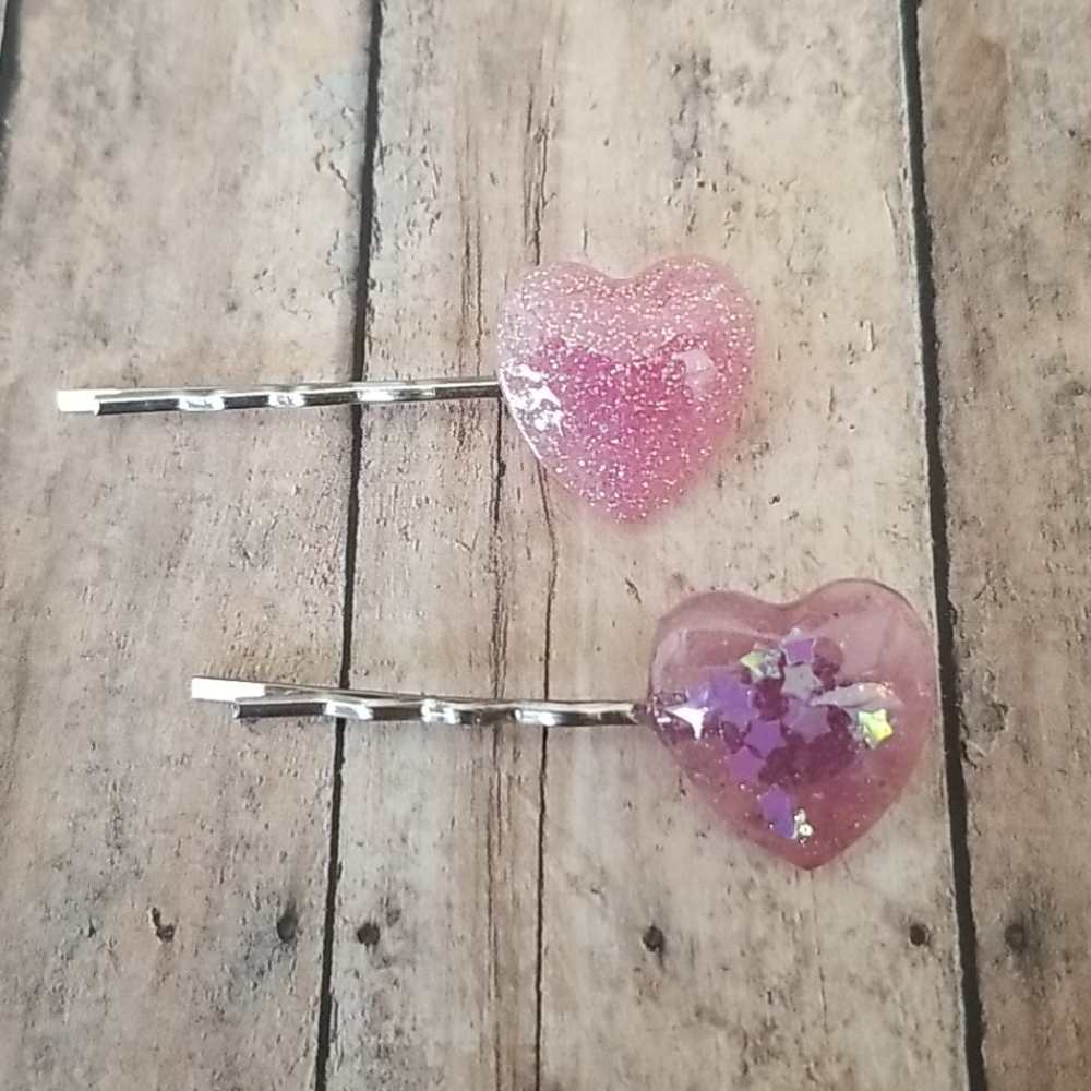 Resin Hearts Set Pink and Purple Bobby Pins